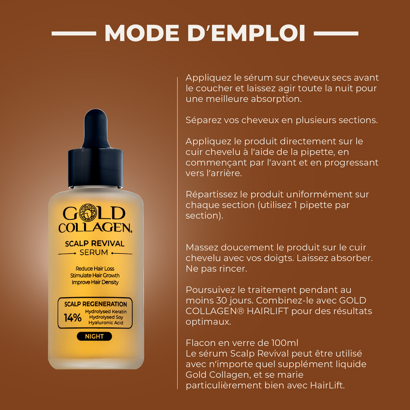 Gold Collagen Scalp Revival Serum bottle with usage instructions on a brown background