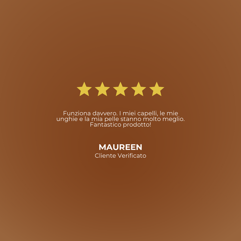 Five-star rating with a customer review on a brown background, featuring the brand 'MAUREEN'.