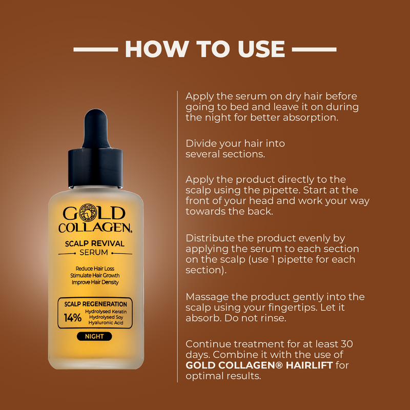 Gold Collagen Scalp Revival Serum bottle with usage instructions on a brown background