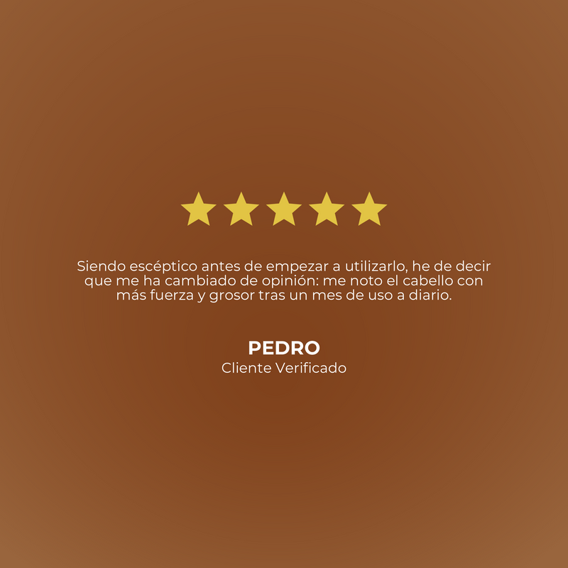 Five-star rating with a review from a verified customer on a brown background