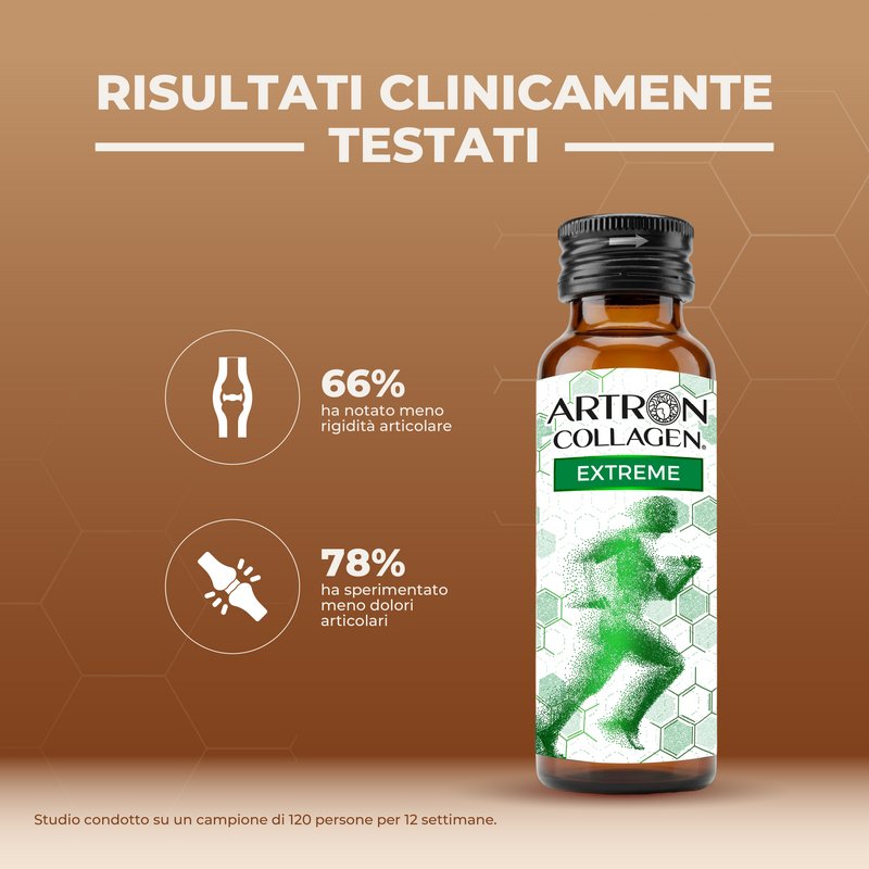 Artron Collagen Extreme bottle with clinical test results on a brown background