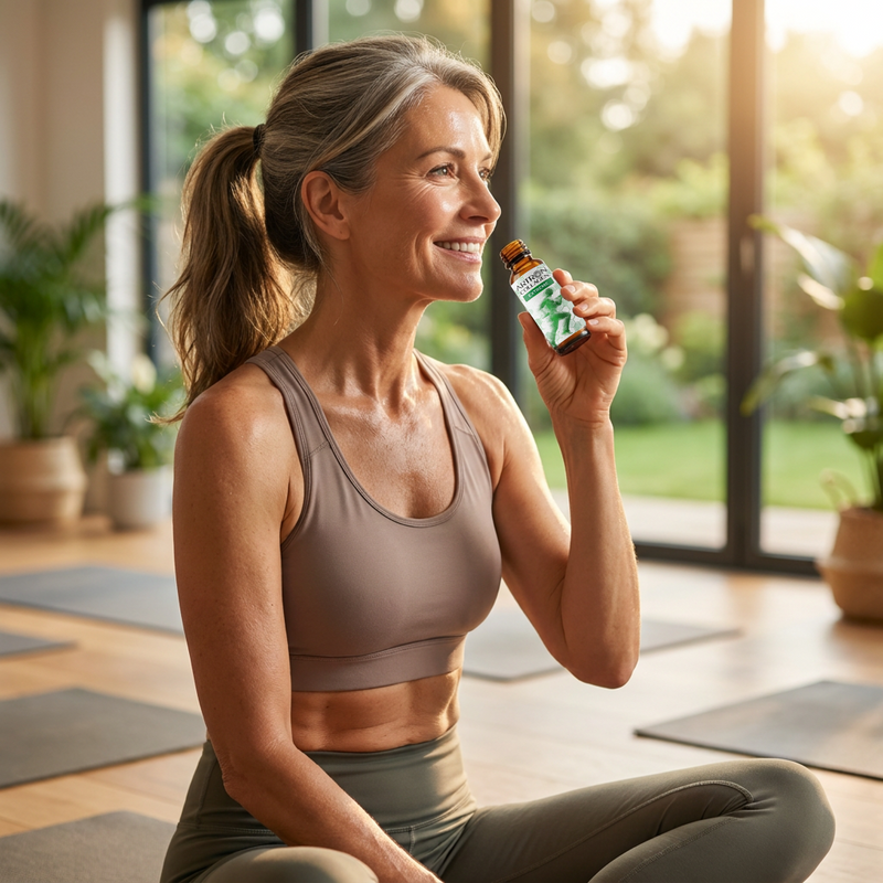 Woman in a sports bra and leggings holding a supplement bottle in a home setting with large windows.