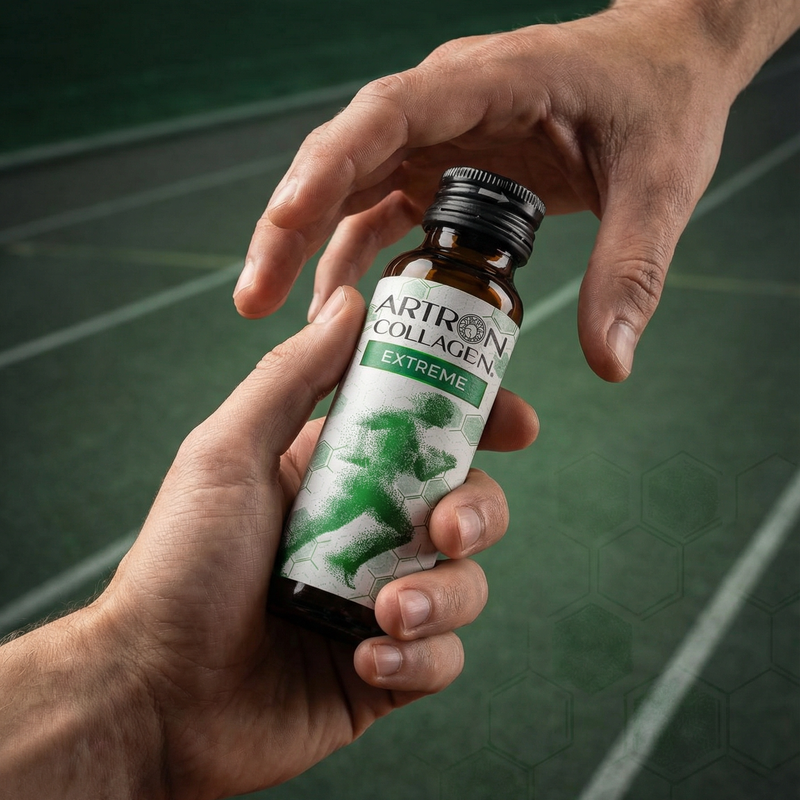 Two hands holding a bottle of Artron Collagen Extreme on a green background