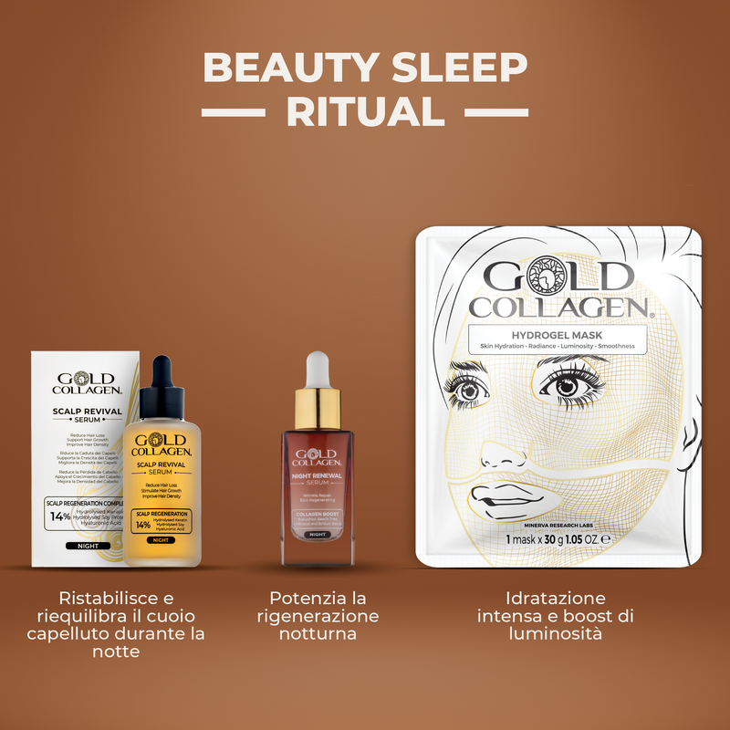 Gold Collagen skincare products on a brown background with text describing the 'Beauty Sleep Ritual'.