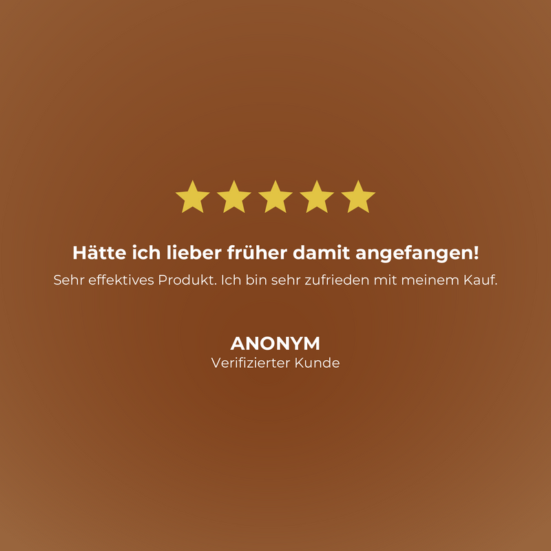 Five-star rating with German review text on a brown background