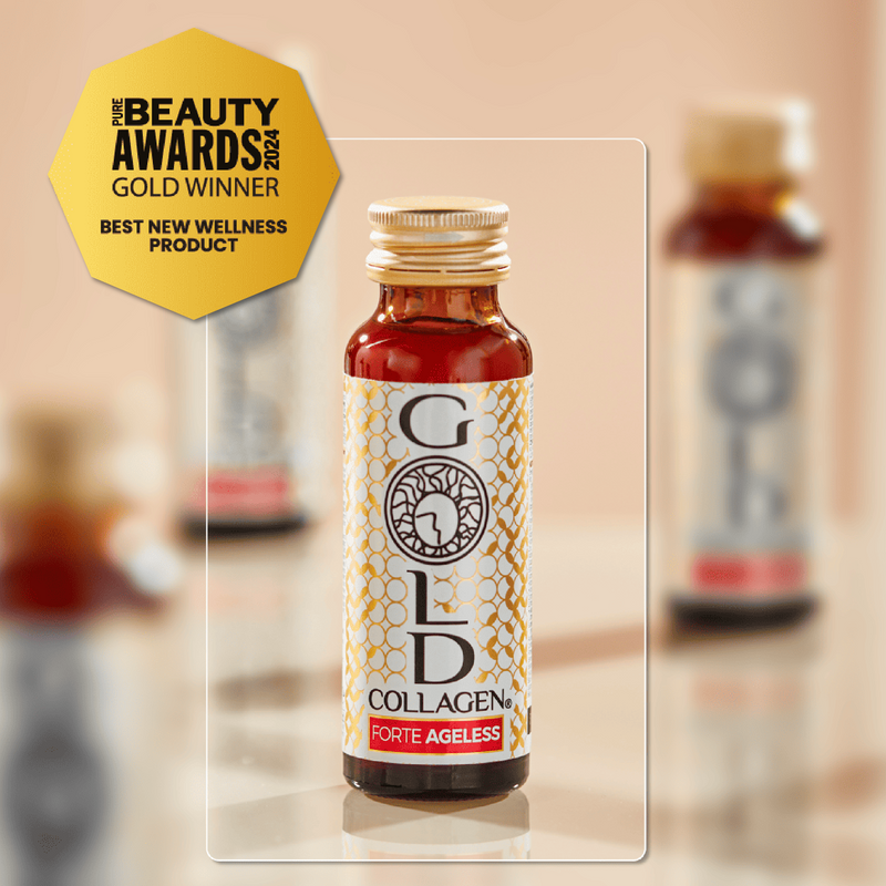 Gold Collagen Forte Ageless bottle with a gold beauty awards badge on a beige background