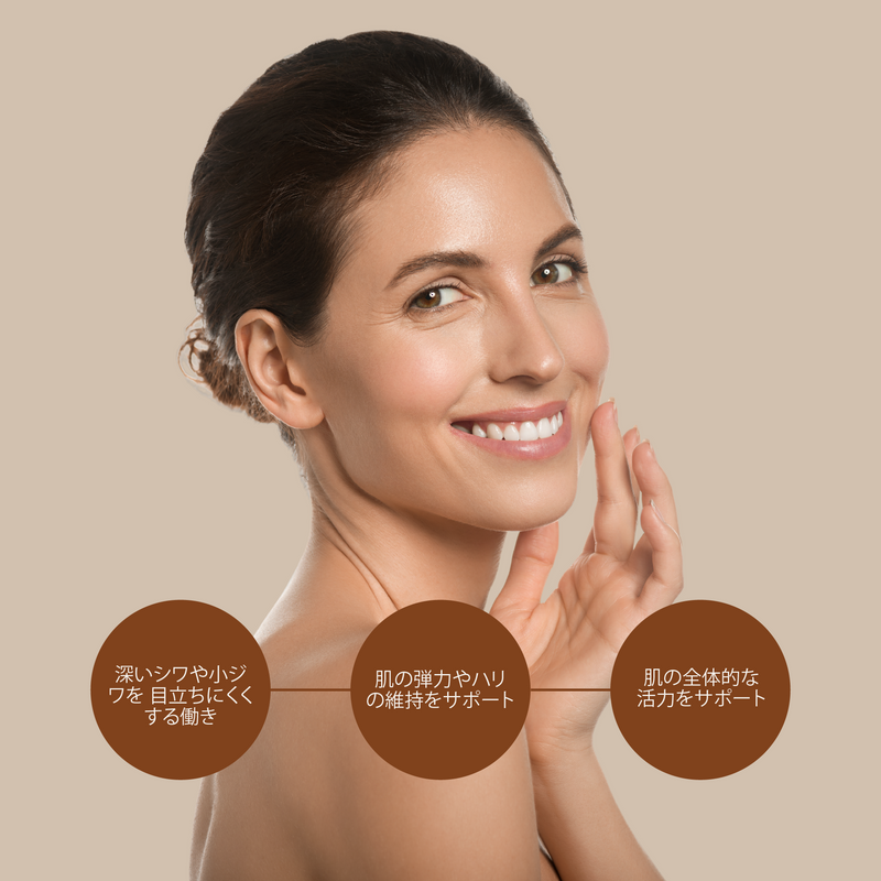 Woman touching her face with a beige background and Japanese text
