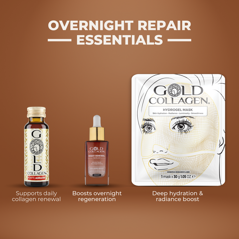 Gold Collagen skincare products including a bottle, dropper, and hydrogel mask on a brown background.