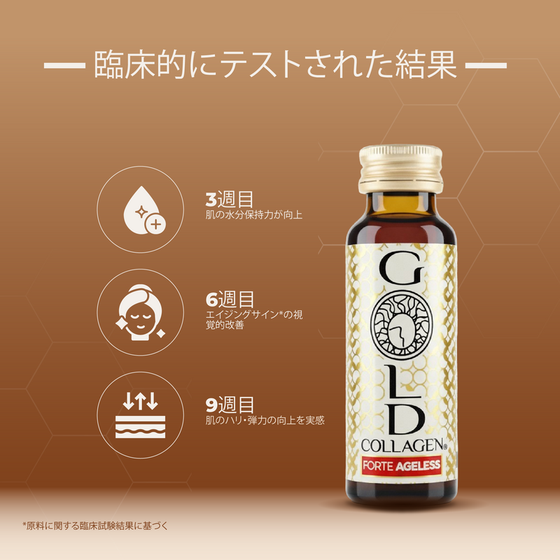 Bottle of Gold Collagen Forte Ageless on a brown background with icons and text.