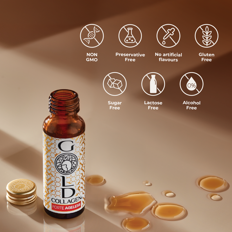 Bottle of Gold Collagen with health benefits icons on a beige background