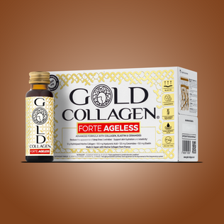 Gold Collagen Forte Ageless supplement bottle and packaging on a brown background