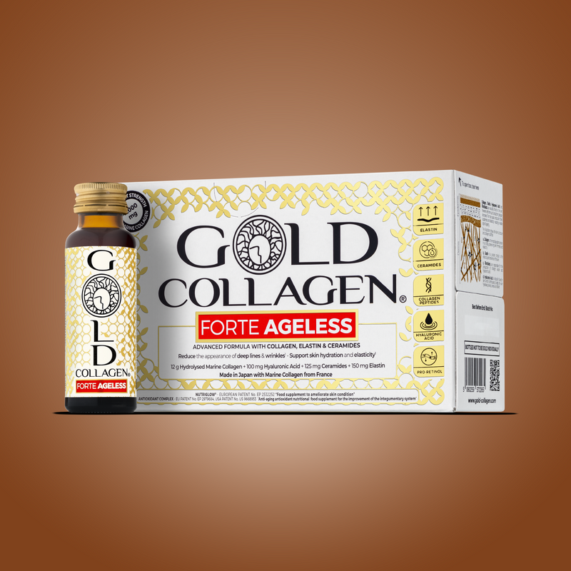 Gold Collagen Forte Ageless supplement bottle and packaging on a brown background