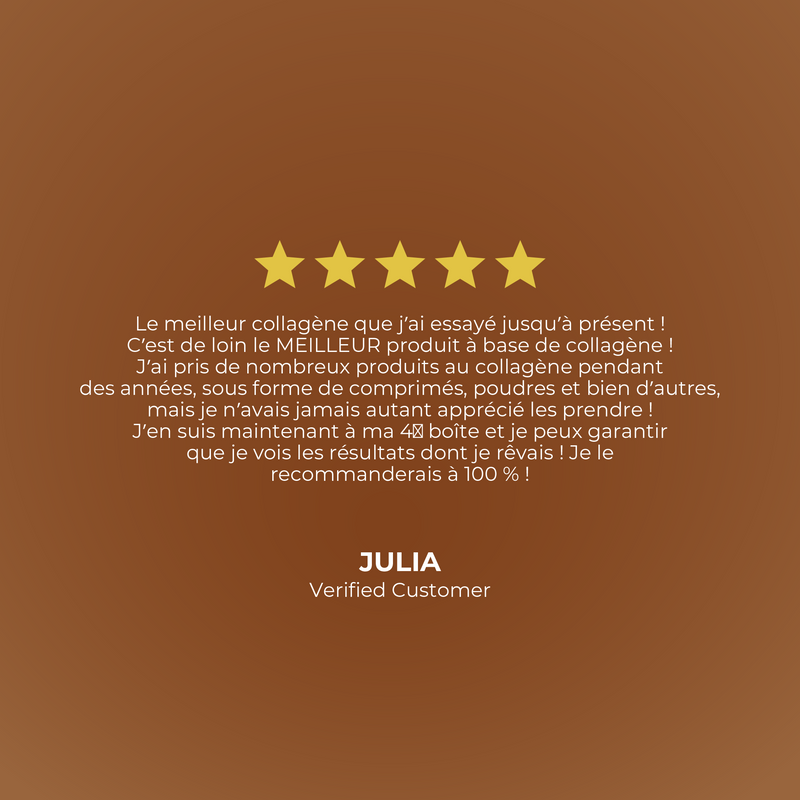 Five-star review from a verified customer on a brown background