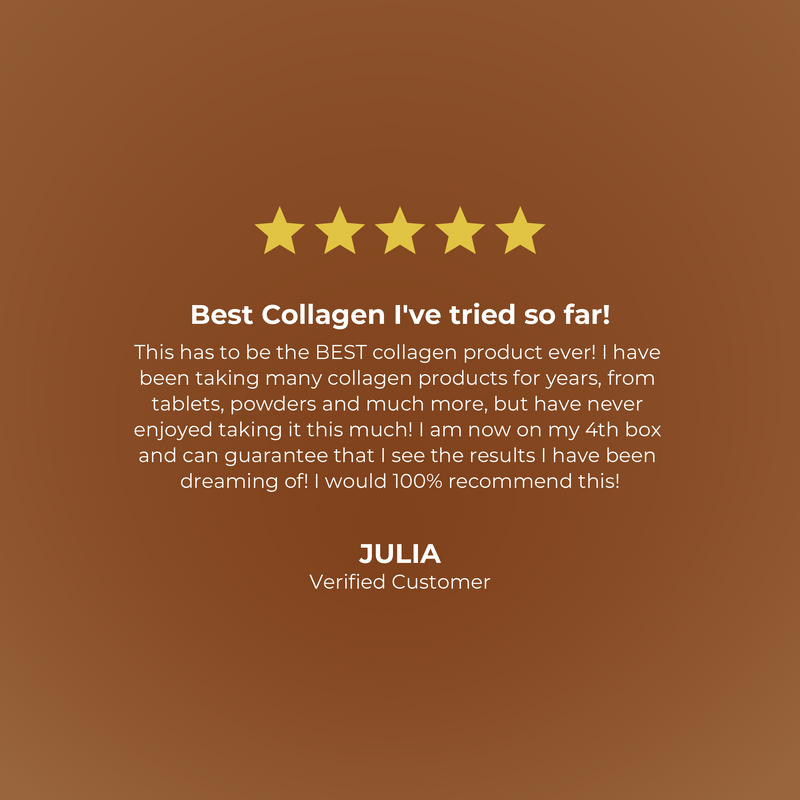 Five-star rating for a collagen product with a customer review on a brown background