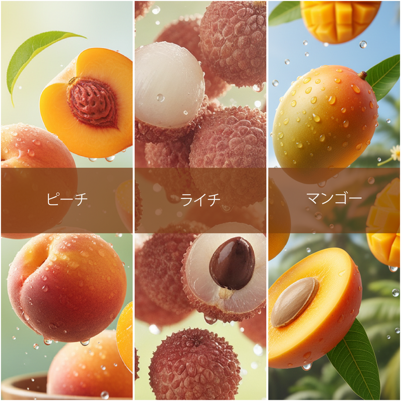 Collage of lychee, peach, and mango with close-up views and text labels.
