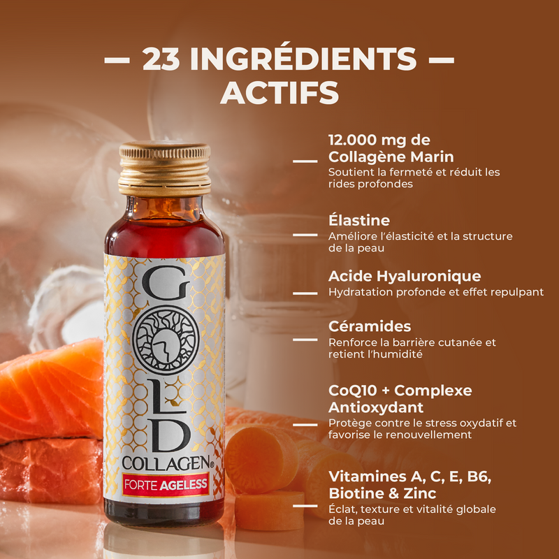 Bottle of Gold Collagen with ingredients listed on a brown background