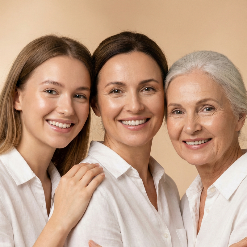 Three women of different ages wearing white shirts against a beige background