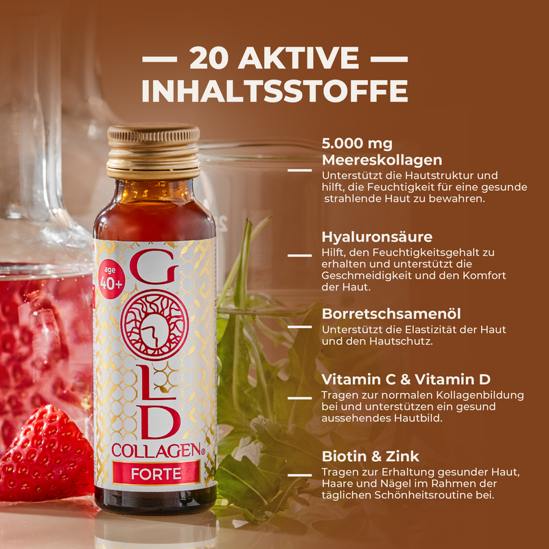 Gold Collagen Forte bottle with ingredients listed on a brown background