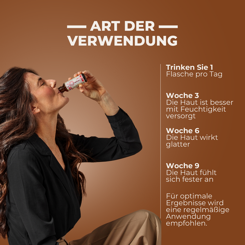 Woman applying a skincare product with text on a brown background