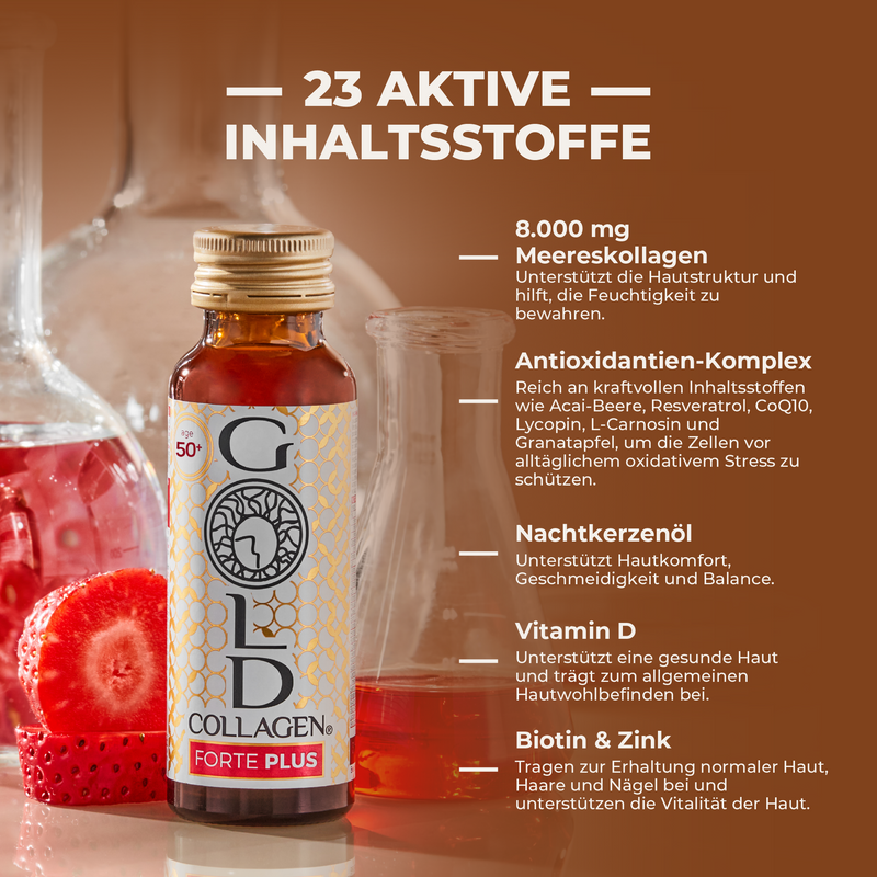 Collagen supplement bottle with ingredients listed on a brown background