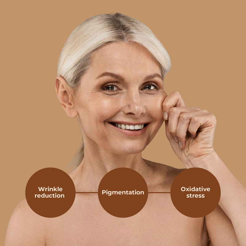 Woman touching her face with text labels for wrinkle reduction, pigmentation, and oxidative stress on a beige background