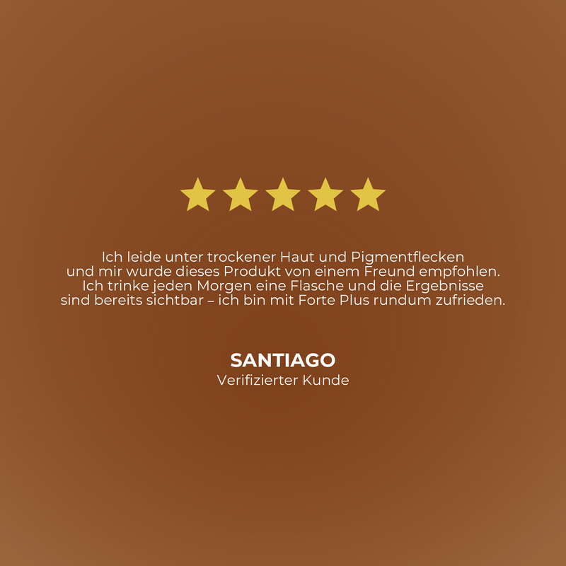 Five-star rating with a testimonial on a brown background, featuring the brand 'Santiago'.