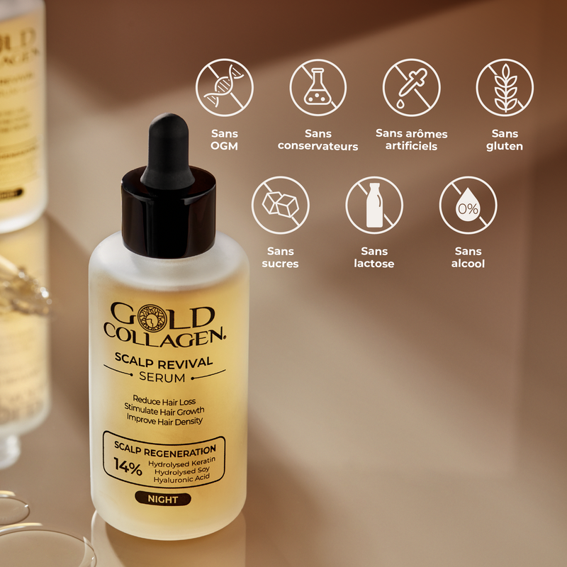 Gold Collagen Scalp Revival Serum bottle with certification icons on a brown background