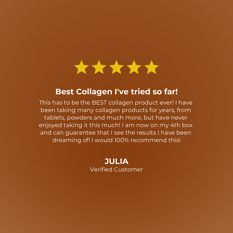 Five-star rating for a collagen product with a customer review on a brown background