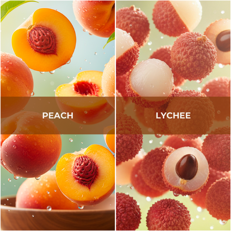 Collage of peaches and lychees with labels below each fruit type.