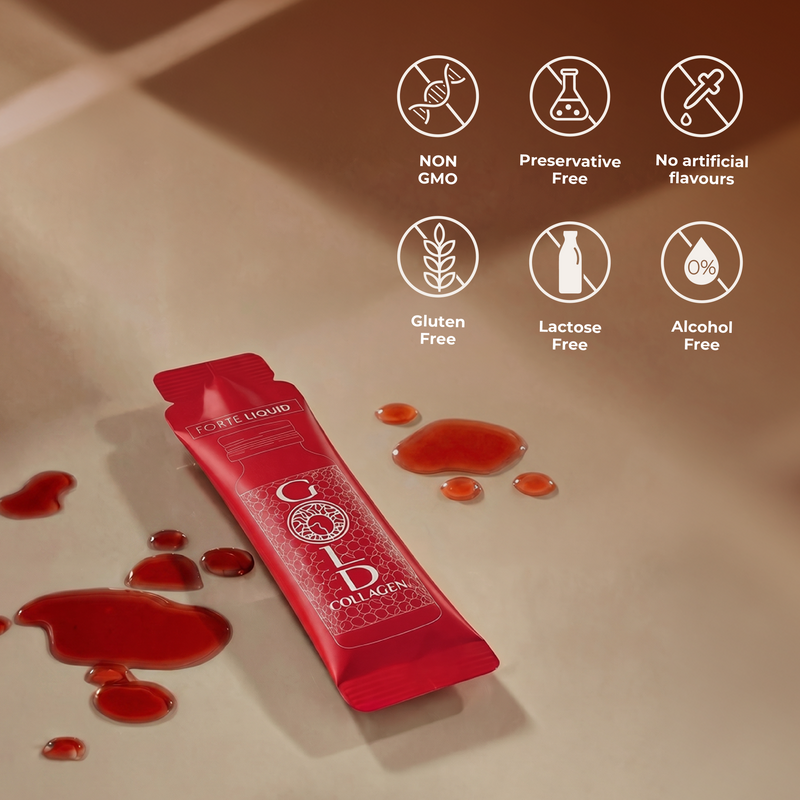 Red collagen package with product droplets and health benefits icons on a beige background