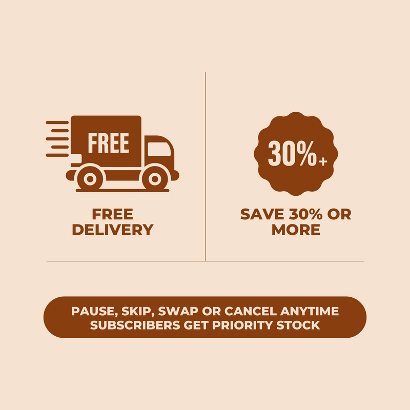 Promotional graphic with free delivery truck icon, discount offer, and subscription benefits on a beige background.