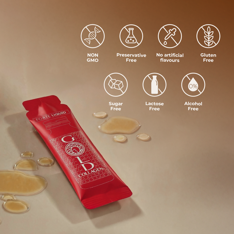 Red collagen powder packet with health benefits icons on a beige background