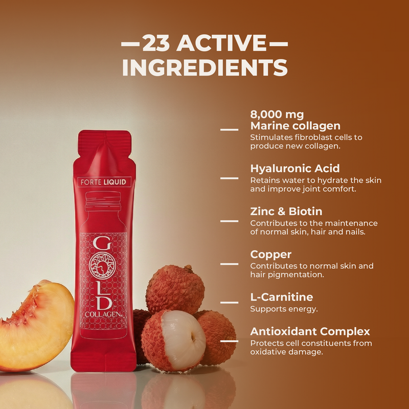 Red collagen supplement package with lychees and peach on a brown background, featuring 23 active ingredients.