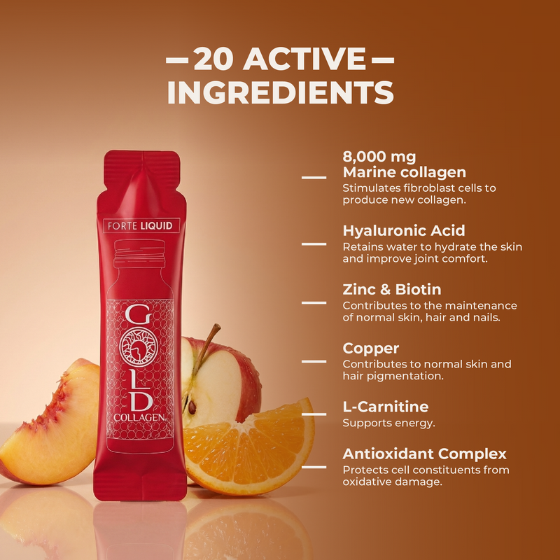 Red collagen supplement bottle with ingredients listed on a brown background