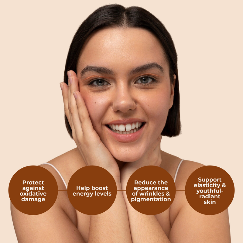 Woman with a smooth complexion on a beige background with text about skincare benefits.