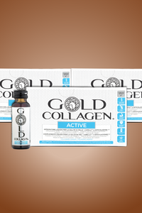 Gold Collagen Active supplement bottle with packaging on a brown background