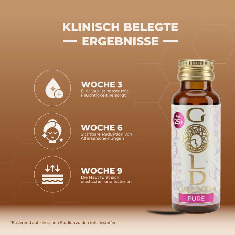 Bottle of 'GOLD' skincare product with German text on a brown background