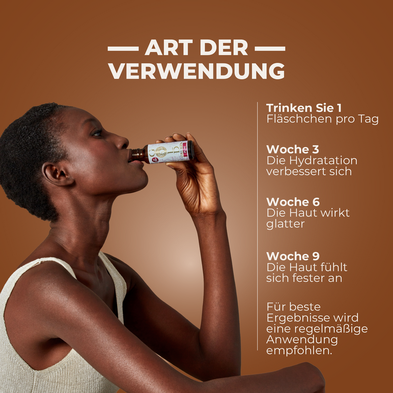 Woman drinking from a bottle with text on a brown background