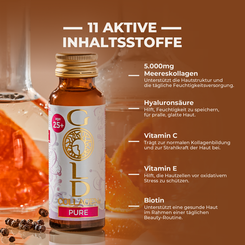 Gold Collagen Pure bottle with ingredients listed on an orange background