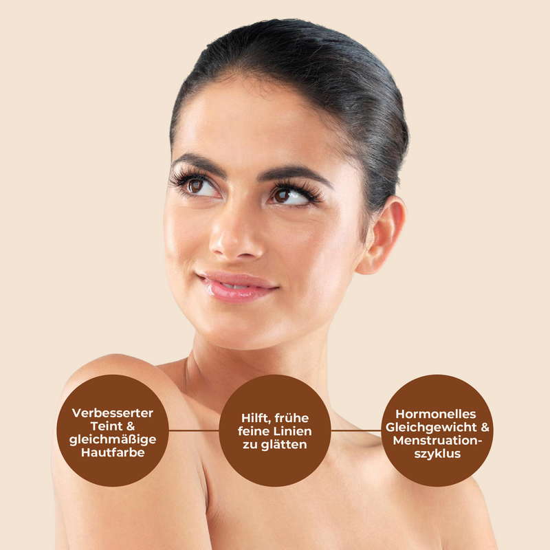 Woman with text bubbles on a beige background