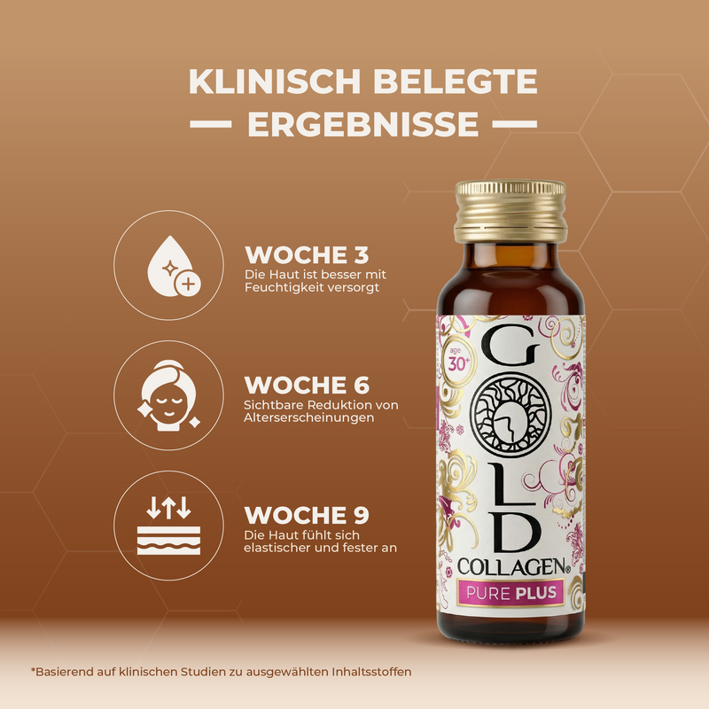 Bottle of Gold Collagen Pure Plus on a brown background with German text about product benefits.