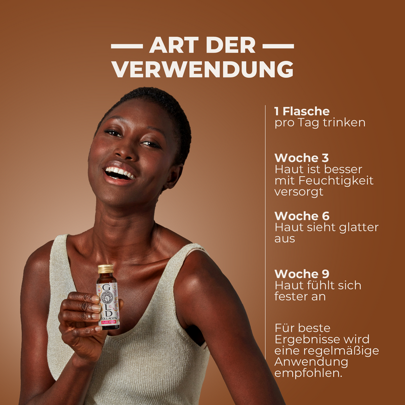Woman holding a bottle with text on a brown background