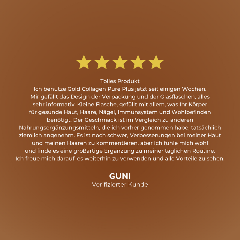 Product review with five gold stars on a brown background, featuring text in German.
