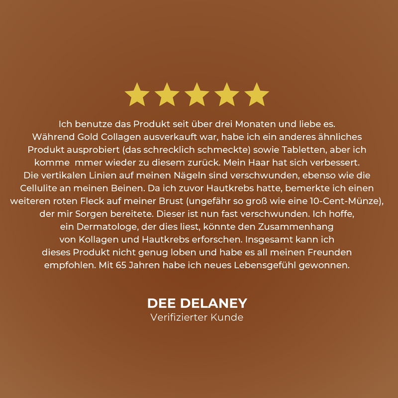 Five-star rating with a testimonial on a brown background