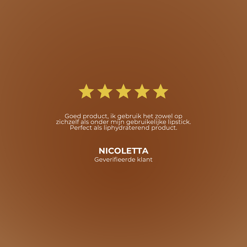 Five-star rating with a review on a brown background