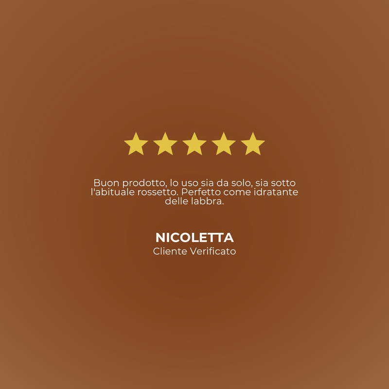 Five-star rating with a review on a brown background, featuring the name 'Nicoletta'.