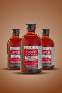 Three bottles of Gold Collagen supplement on a brown background
