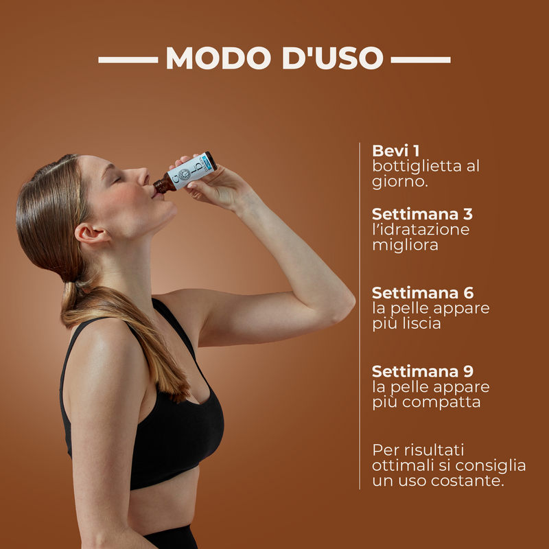 Woman drinking from a bottle with text on a brown background