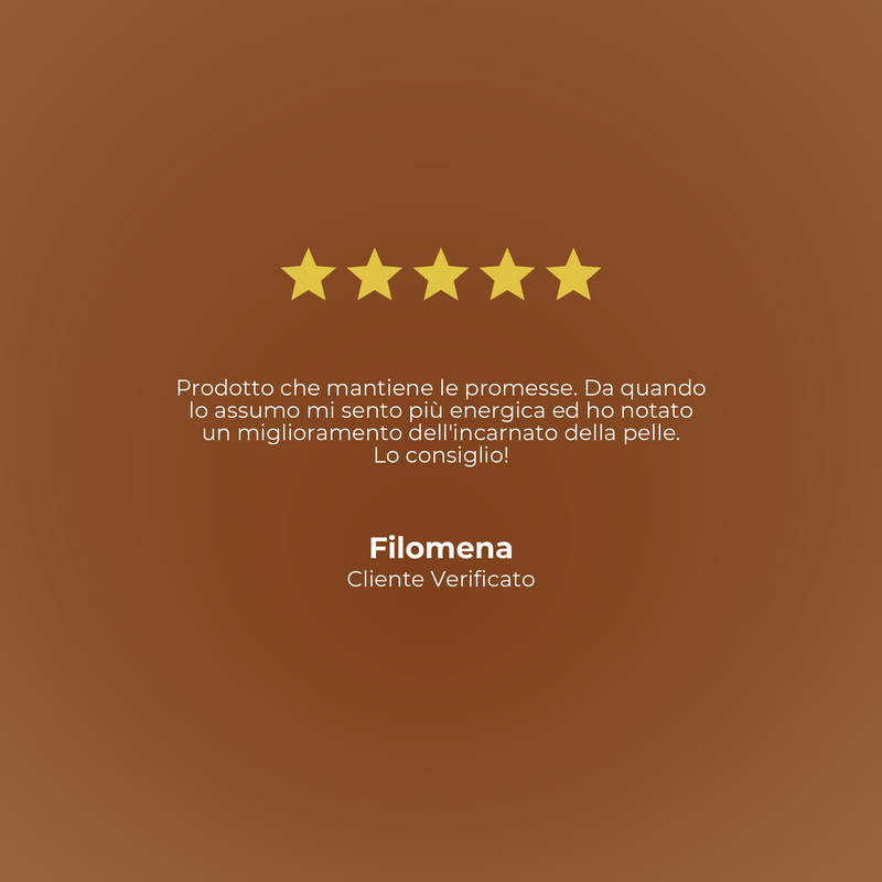 Five-star rating with a testimonial on a brown background, featuring the brand 'Filomena'.